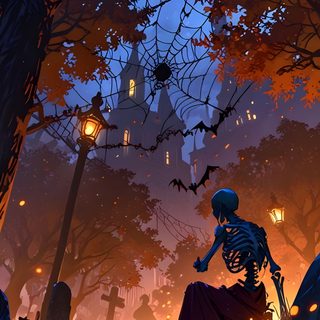 a skeleton sitting on top of a pile of pumpkins next to a forest filled with trees Halloween Attack Spooky Anime Background, Anime Halloween Phone, Halloween Lockscreen Aesthetic, dark slate gray