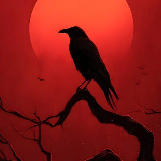 a black bird sitting on top of a tree branch in front of a red sun Halloween Raven Raven, Red And Black, Crow Art, Occult Art, Red Sun, Black,