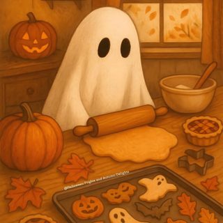 a painting of a ghost making cookies with pumpkins and other halloween decorations around it Halloween Cookie Fall Drawing Ideas Autumn Aesthetic, Cozy Fall Drawings, Cozy Fall Aesthetic Drawing, sienna