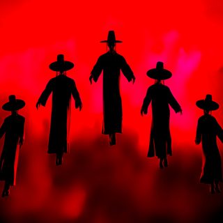 the silhouettes of five people wearing hats and coats are in front of a red sky Halloween Kpop Demon Hunters Kpop Demon Hunters Kpop Demon Hunters, Kpop Demon Hunters Saja Boys Demons, K Pop Demon Hunters Saja Boys Demon, maroon