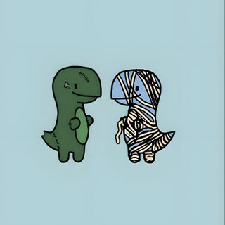 two small dinosaurs are facing each other in the same direction on a light blue background Cute Halloween Dinosaur Matching Halloween Aesthetic, Matching Spooky, Spooky Matching, light steel blue