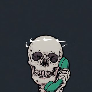 a skeleton holding a phone up to its ear Nike Halloween Iphone Skeleton Looking At Phone, Blue Skeleton, Blue Skeleton Aesthetic, dark slate gray