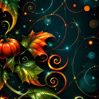 a painting of pumpkins and leaves on a black background with swirly lines, Halloween Celtic Autumn, black