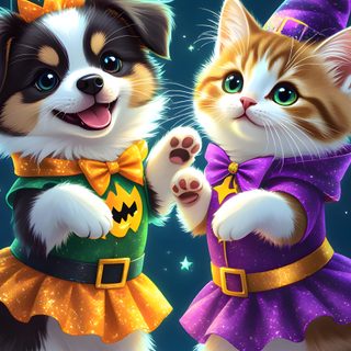 two kittens dressed up as witches dancing in front of the night sky with stars Cute Dog And Cat Halloween Halloween, dark slate gray