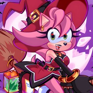 an image of a cartoon character holding a bat in front of the moon and bats Amy Rose Halloween Sonic Witch Rouge, Sonic X Halloween, Halloween Amy Rose, dark magenta