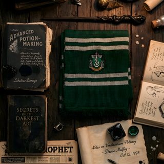 an assortment of harry potter books, pens and other items on a wooden table with a lit candle Slytherin Halloween Slytherin, Harry Potter Houses, Slytherin Aesthetic, Ravenclaw, Pin Collection, black