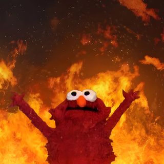 the sesame street character is standing in front of a fire with his hands up and eyes wide open Halloween Meme Elmo In Fire Meme, Fire Muppet Meme, Nuclear Elmo, Elmo On Fire Sticker, saddle brown