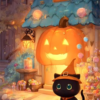 a cat that is standing in front of a house with a jack - o'lantern Anime Cat Halloween sienna