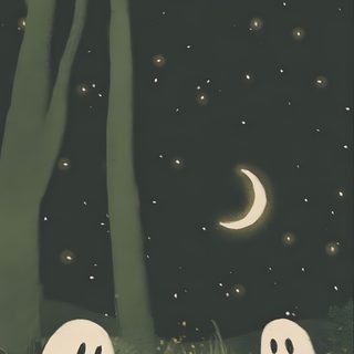 two ghost sitting around a campfire in the woods Aesthetic Sage Green Halloween Søte Tegninger, Halloween Iphone Backgrounds, Halloween Backgrounds, dark slate gray
