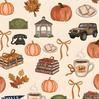 an autumn themed wallpaper with pumpkins, books and other things on it's surface Gilmore Girls Halloween Ipad, antique white