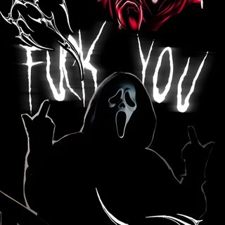 the ghost is standing in front of a neon sign that says, thank you Cute Halloween Ghostface black