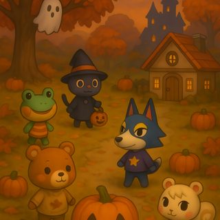 a group of cartoon animals standing next to each other in front of a pumpkin house Animal Crossing Halloween Acnh Spooky, Animal Crossing Halloween 2025, Acnh Autumn, Acnh Fall, saddle brown