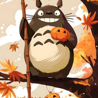 a totoro sitting on top of a tree branch with pumpkins hanging from it Japanese Halloween Totoro Christmas, Studio Ghibli Halloween, Halloween Totoro, Ghibli Halloween, peru