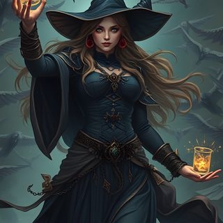 a woman dressed as a witch holding a lantern in her hand and wearing a hat Halloween Witch dark slate gray