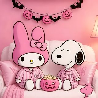 a cartoon dog sitting on top of a white couch next to a pink wall with halloween decorations Pink Snoopy Halloween Cute Halloween Pics, Hello Kitty Backgrounds, Hello Kitty Accessories, pale violet red
