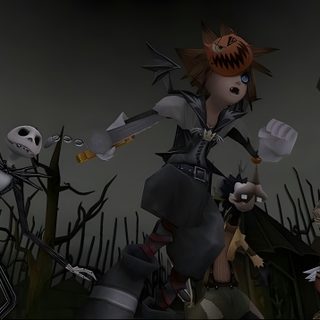 three animated characters dressed up in halloween costumes and holding knives, walking through a cornfield at night Sora Halloween Town 1920x1080 Kingdom Hearts Nightmare Before Christmas, Oogie Boogie Kingdom Hearts, Kingdom Hearts Horror, dark slate gray