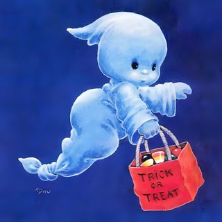 a painting of a baby elephant holding a trick or treat bag with the words trick or treat written on it Casper Halloween Cute Casper, Blue Halloween Characters, Nostalgic Halloween,