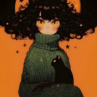 a woman holding a black cat in front of a full moon with stars on it Anime Cat Halloween Art Style Inspiration Traditional, Cat Witch Pfp, Black Cat Lofi, Witch And Cat,