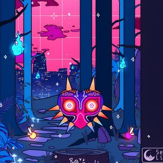 an image of a cartoon character in the middle of a forest with trees and plants Halloween Zelda Legend Of Zelda Background, Majoras Mask Iphone, Zelda Night, midnight blue