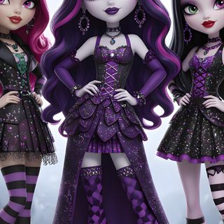 three dolls dressed up as witches in front of a full moon and bats with purple hair Monster High Halloween Monster High Morada, Monster High Elissabat, Elissabat Monster High, dark slate blue