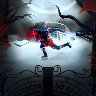 an image of a hockey player on the ice in front of a gate with trees Hockey Halloween Sci Fi, New York Rangers Fan Art, New York Rangers Iphone, dark slate gray