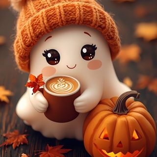 a cute little white ghost holding a cup of coffee with a pumpkin on the ground Cute Halloween Coffee Halloween Cute, Halloween Art, Cute Backgrounds, Happy Halloween Pictures, saddle brown