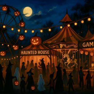 a painting of people dressed as witches and pumpkins in front of a carnival at night Halloween Carnival Horror Computer, Halloween Carnival Art, Pc Halloween, Halloween Ipad Backgrounds, black