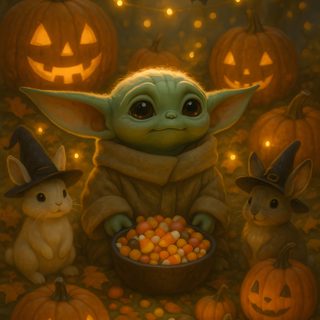 a painting of baby yoda and two rabbits with pumpkins Baby Yoda Halloween Star Wars Thanksgiving, Cute Baby Yoda Halloween, Yoda Art, saddle brown