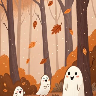 a group of ghost in the woods with pumpkins on the ground and leaves flying around Friendly Halloween Fall Drawing, Autumn Drawing, Halloween Ghost, October Halloween, peru