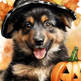 a painting of a dog wearing a witches hat and sitting next to a jack - o'- lantern Dog Halloween Iphone Halloween Dog, Halloween German Shepherd Background, Cute Dog Halloween, peru