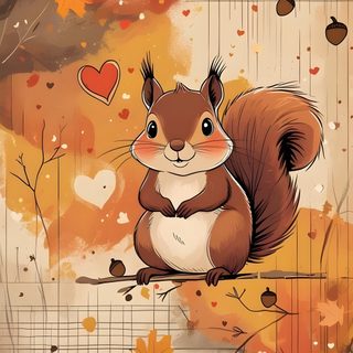 a squirrel sitting on top of a tree branch with leaves and hearts in the background Squirrel Halloween Cute Fall Animal, Autumn Animal Ideas, Cute Autumn Animal, Cartoon Autumn, peru