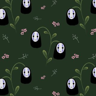 an image of spirited dolls with flowers and plants in the background on a dark green wallpaper Studio Ghibli Halloween Art Licensing, Spooky Halloween, Studio Ghibli, Kids Wear, dark slate gray