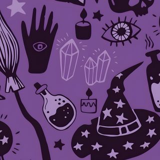 a purple background with black and white items on it, including an open book in the middle Purple Halloween Iphone Halloween Backgrounds Purple, Purple Halloween Background Iphone, Pastel Purple Halloween, dark slate blue