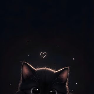 a black cat laying on top of a bed under a heart shaped light with stars in the background Halloween Kitten Hd Dark Moody, Black Background Art, Black Theme, Cat Pfp, Black Background, Dark,