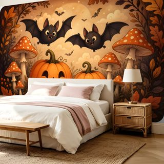 a bedroom decorated in halloween themed decor with bats and pumpkins on the wall above the bed Halloween For Bedroom sienna