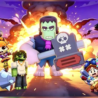 an image of cartoon characters in front of a large explosion with skulls and bats on it Brawl Stars Halloween gray