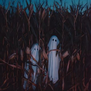 two ghost figures standing in the middle of a corn field Halloween Duo Ghosts In The Graveyard, Ghost Fall Aesthetic, Autumn Ghost Photography, black