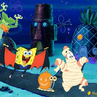 spongebob and his friends are playing in the water with their pumpkins on halloween night Spongebob Squarepants Halloween Spongebob Halloween Gif, Spongebob Halloween Background, Spongebob Halloween Episode Scaredy Pants, midnight blue
