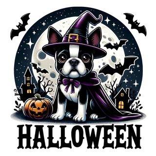 a dog wearing a witches hat sitting in front of a full moon with bats and pumpkins Halloween Boston Terrier Boston Terrier Halloween Drawing, Halloween Boston Terrier, Boston Terrier Witch Svg, silver