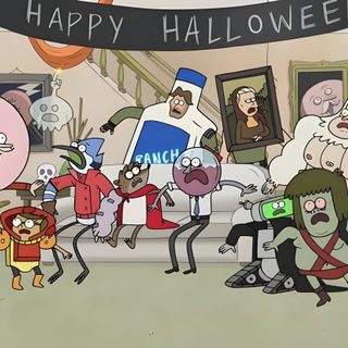 cartoon characters standing in front of a happy halloween banner Regular Show Halloween Halloween Cartoon Network, Uncle Grandpa Costume, Regular Show Halloween, dark gray