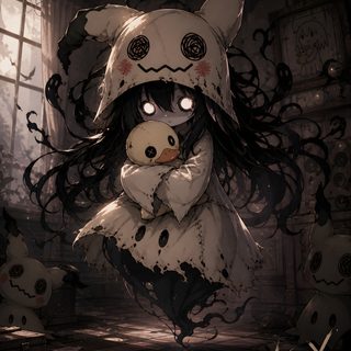 an anime character holding a teddy bear in her arms Halloween Mimikyu Mimikyu Fanart, Dream Monster, Bear Species, Pokemon Rpg, Different Forms Of Art, black