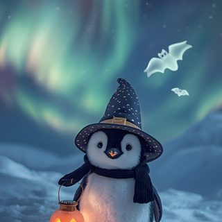a penguin wearing a witches hat and holding a jack - o'- lantern in the snow Penguin Halloween Penguins, Penguins Iphone, Penguin Iphone, Viral Penguin Iphone, Halloween, dark slate blue