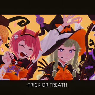 three anime characters are standing in front of an orange background with the words trick or treat written on it Pjsk Halloween Pjsk Halloween, Bandori Halloween Cards, Project Sekai Halloween Cards, maroon