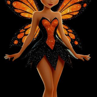 a fairy with orange and black wings is standing in front of a black background, Tinkerbell Halloween Female Samurai Tattoo, Design, Female Samurai, Tattoo Designs, black
