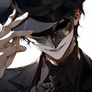 a man wearing a top hat and holding his hand up to his face Halloween Anime Boy Jester Mask Anime, Mystery Anime Character, Ringmaster Mask, dark slate gray