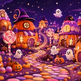 a painting of halloween houses and candy land Halloween Candy House brown