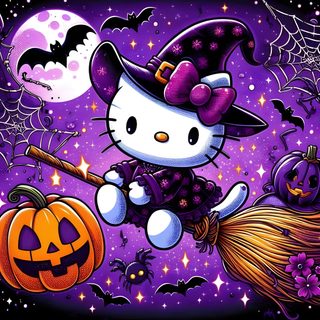 a hello kitty halloween scene with pumpkins and witches Purple Hello Kitty Halloween Hello Kitty Kuromi Halloween, Hello Kitty October, Hello Kitty Witch Drawing,
