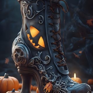 a pair of boots sitting on top of a table next to pumpkins and candles Halloween Retro Shoes With Pumpkins Colorful Witch Boots Art, Witch Shoe, Halloween Boot, dark slate gray
