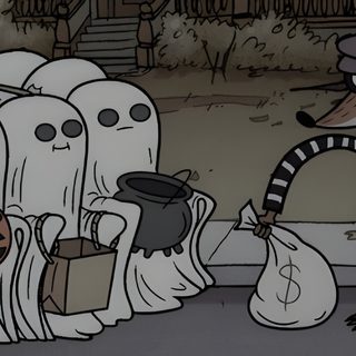 two cartoon characters dressed as ghostes and one is holding a bag with pumpkins Regular Show Halloween Halloween Twitter Profile Picture, Halloween Long Widget, Halloween Medium Widget, dark slate gray