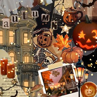 halloween collage with pumpkins, candles and ghost faces in the background is an old building Halloween Collage Halloween Baddie, Halloween Aesthetic Iphone, Autumn Halloween, sienna